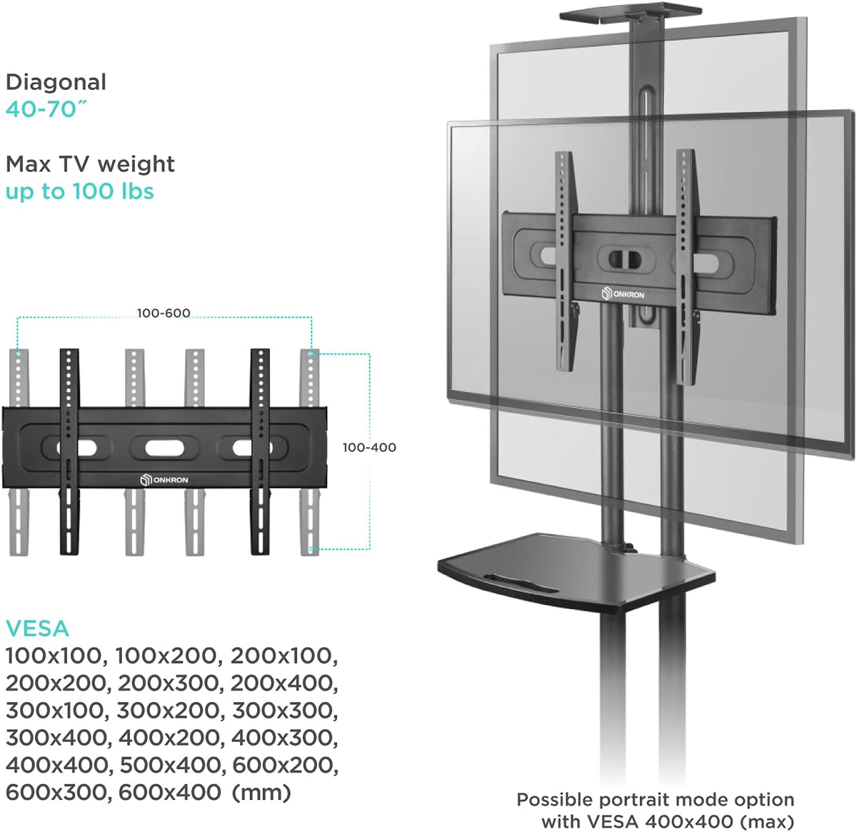 Black Mobile TV Stand with Wheels Shelves Height Adjustable T29132
