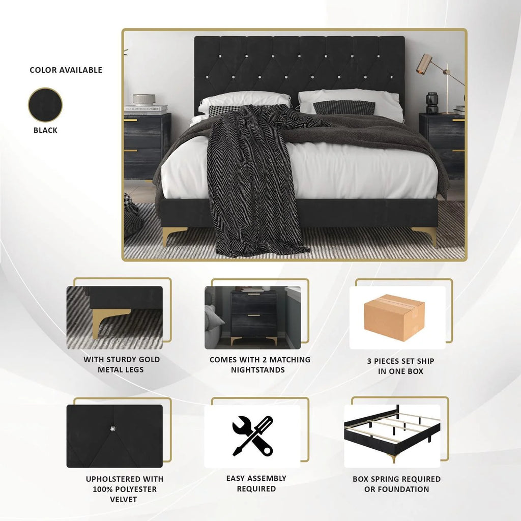 Black Velvet Upholstered Queen Bed with 2 Nightstands G759