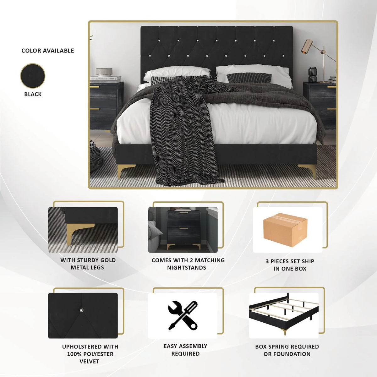 Black Velvet Upholstered Queen Bed with 2 Nightstands G759
