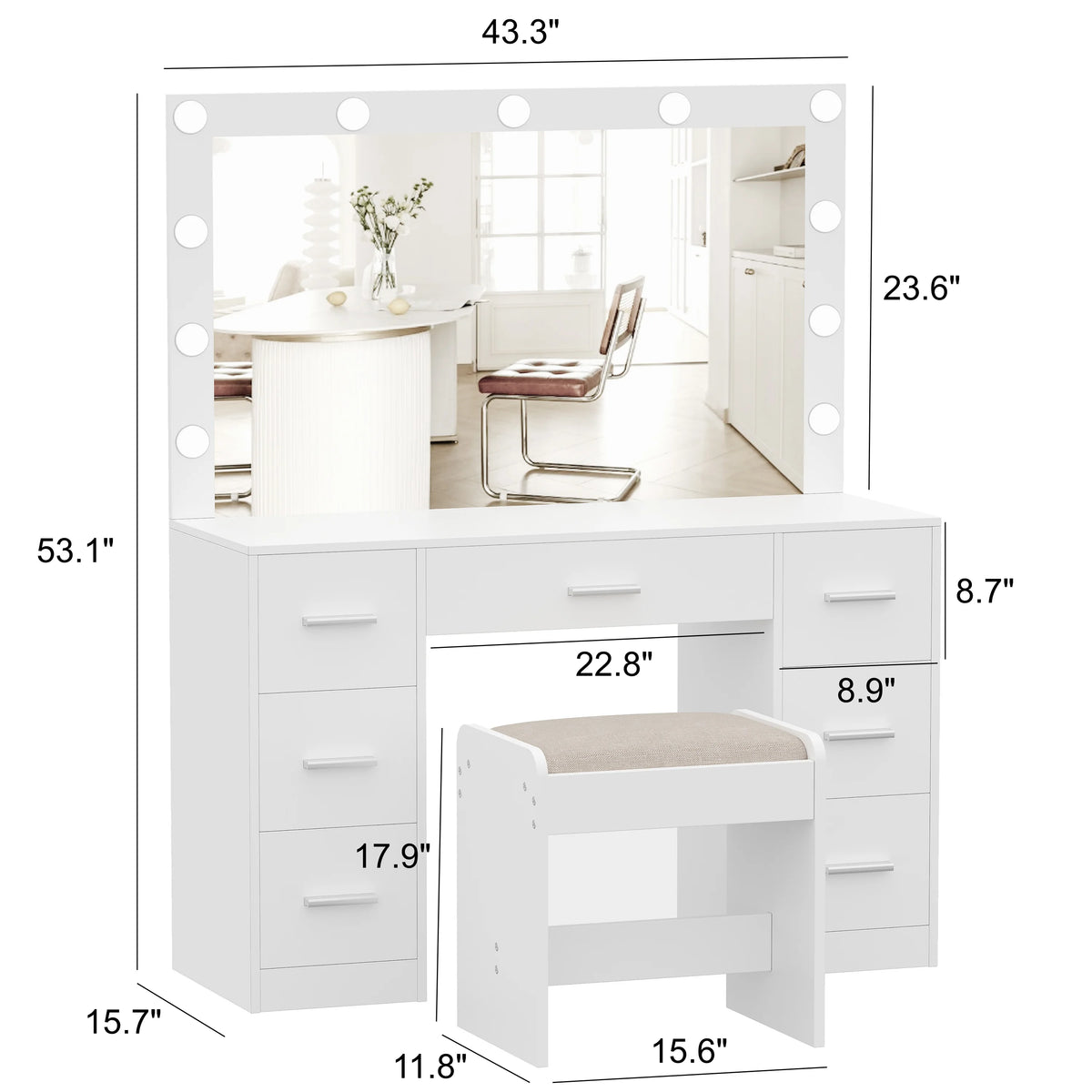 Vanity Desk Set with Lighted Mirror & Stool P510842