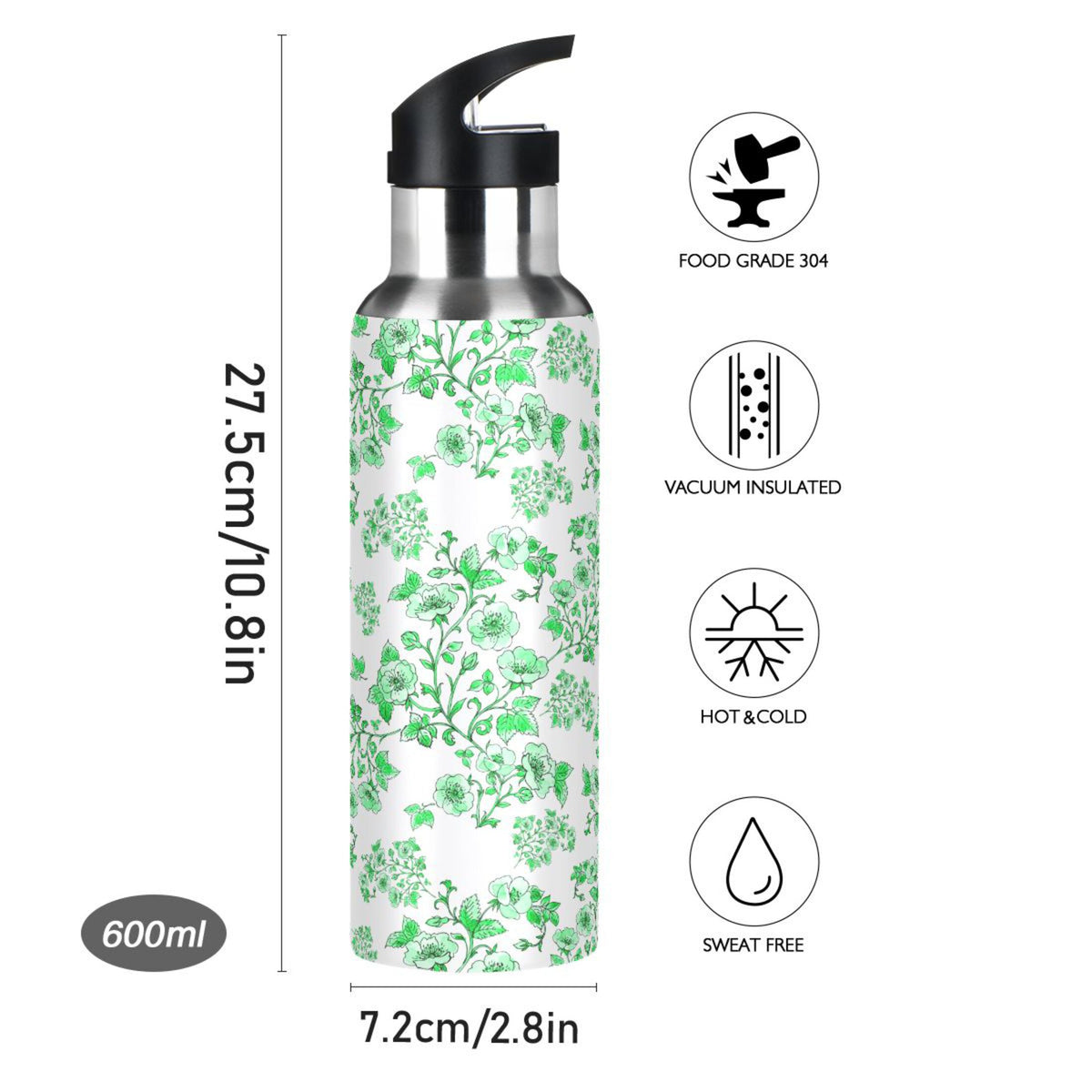 Green Peony Floral Stainless Steel Insulated Water Bottle with Straw Lid P5970