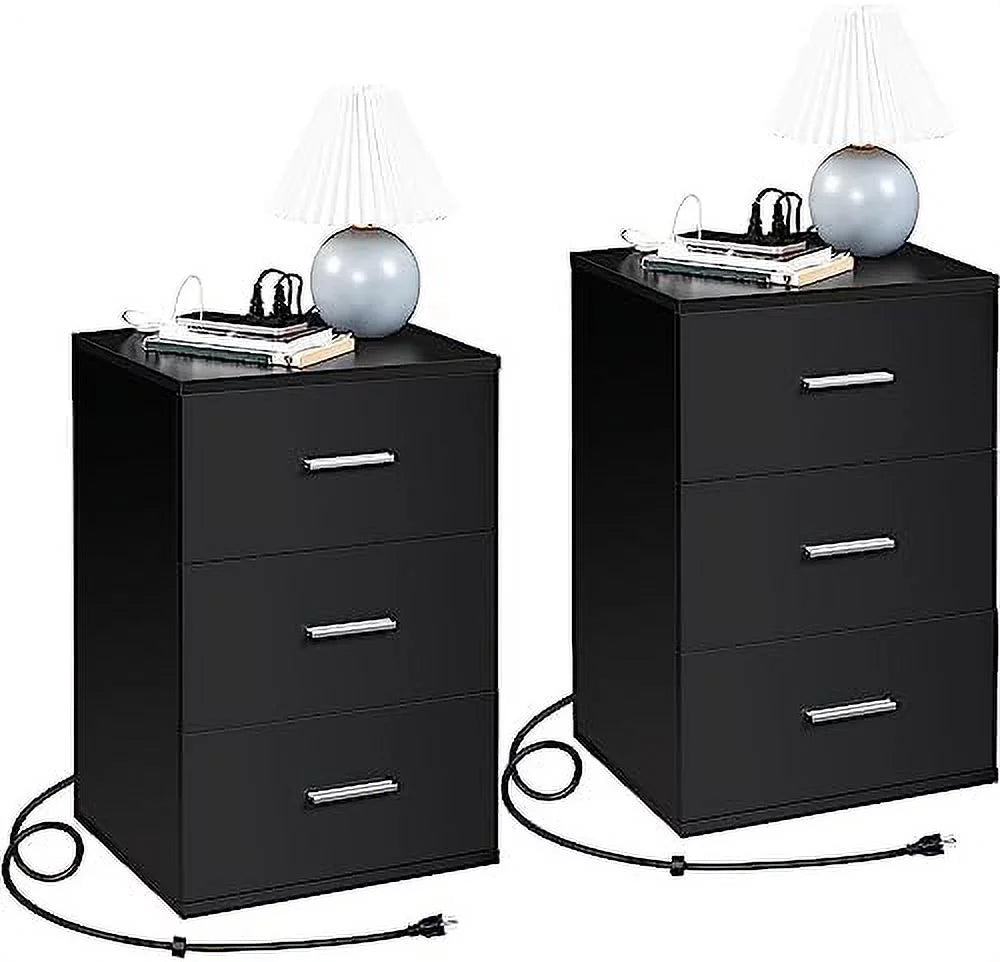Black 3-Drawer Nightstand with Charging Station H52308