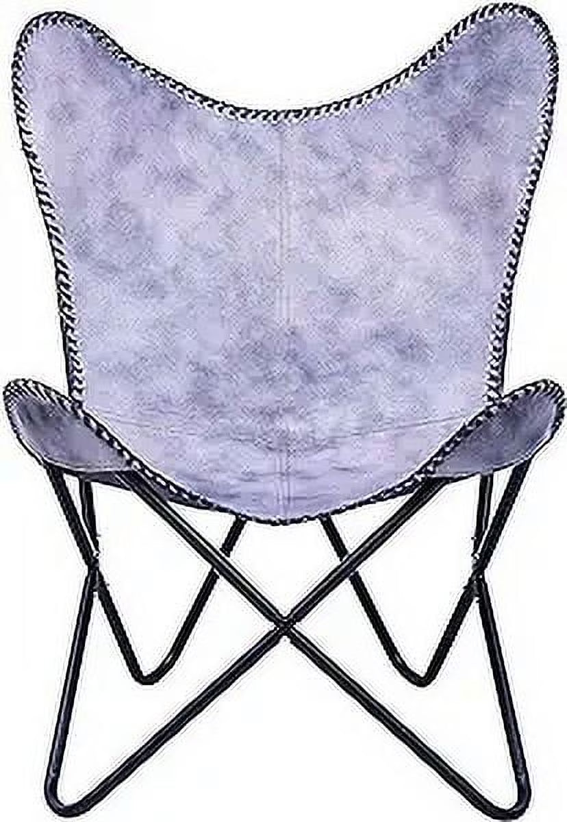 Grey Leather Butterfly Arm Chair with Powder Coated Folding Iron Frame H185