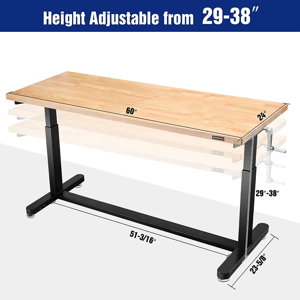 60" x 24" Rubber Wood Top Height Adjustable Work Table with Crank Handle and Casters N9077