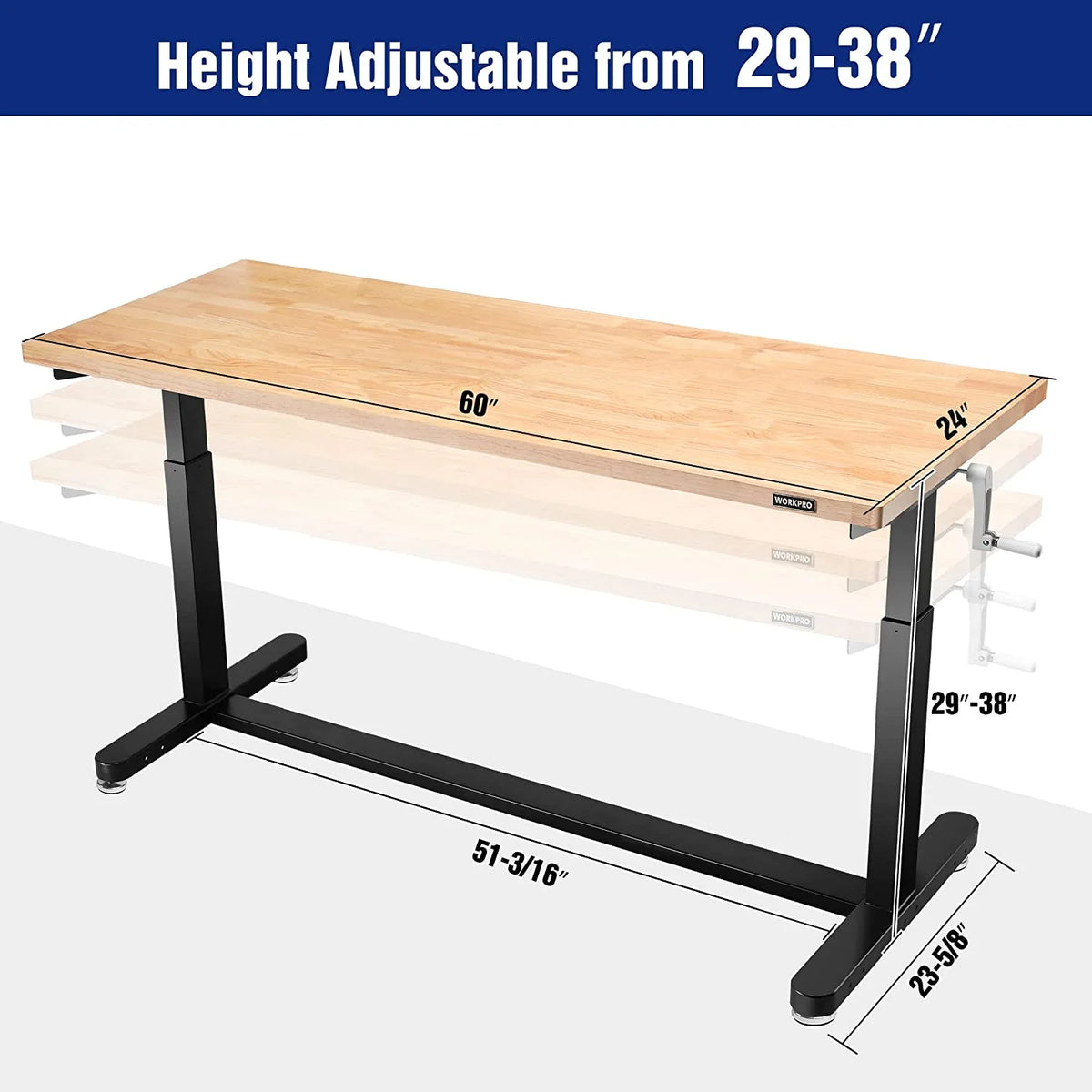 60" x 24" Rubber Wood Top Height Adjustable Work Table with Crank Handle and Casters N9077