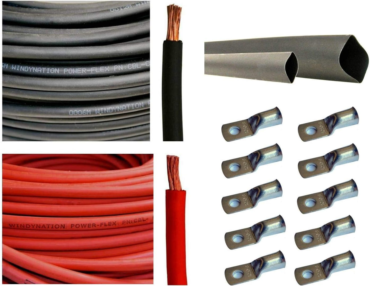 1/0 AWG 10 Feet Black Pure Copper Flexible Cable with Copper Cable Lug Terminal Connectors and Heat Shrink Tubing O202