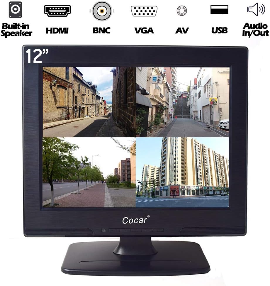 12 Inch LCD Security CCTV Monitor VGA HDMI AV BNC 4:3 HD Display LED Backlight Screen with USB Drive Player 800x600 Resolution Built-in Speaker Audio in/Out G3415