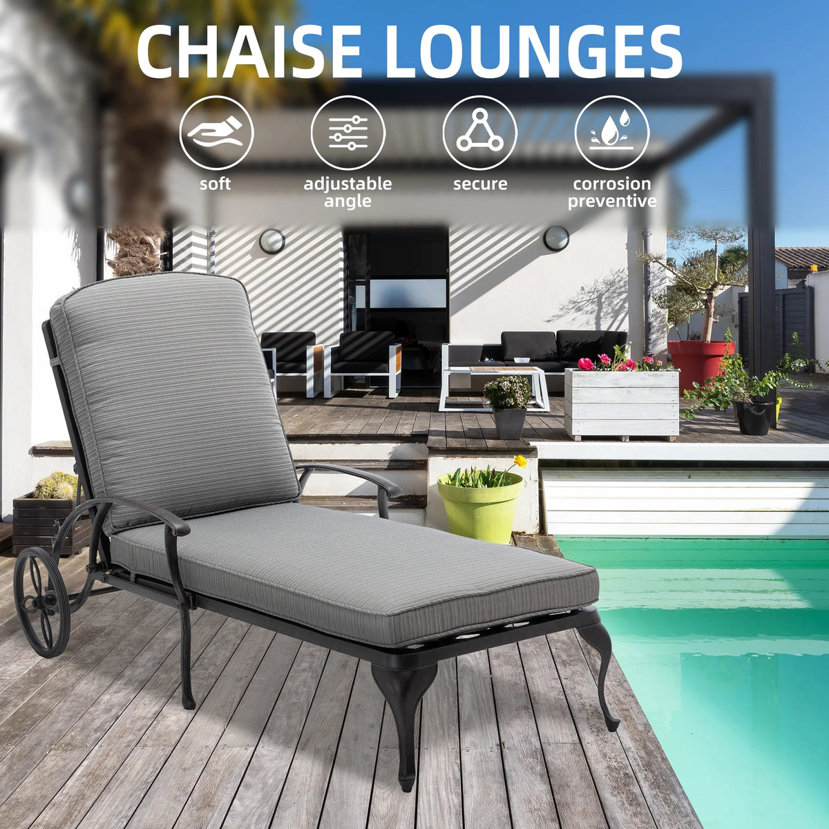 Outdoor Chaise Lounge Chair Cast Aluminum with Wheels and Adjustable Reclining P67542
