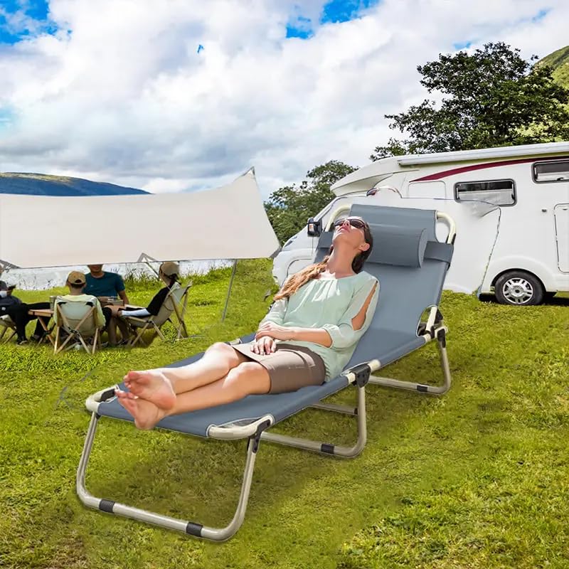 Portable Folding Camping Cot, Oversize Adjustable 5-Position Reclining Lounge Chairs with Pillow, Heavy Duty Oxford Cloth 600D with Mattress Gray G628