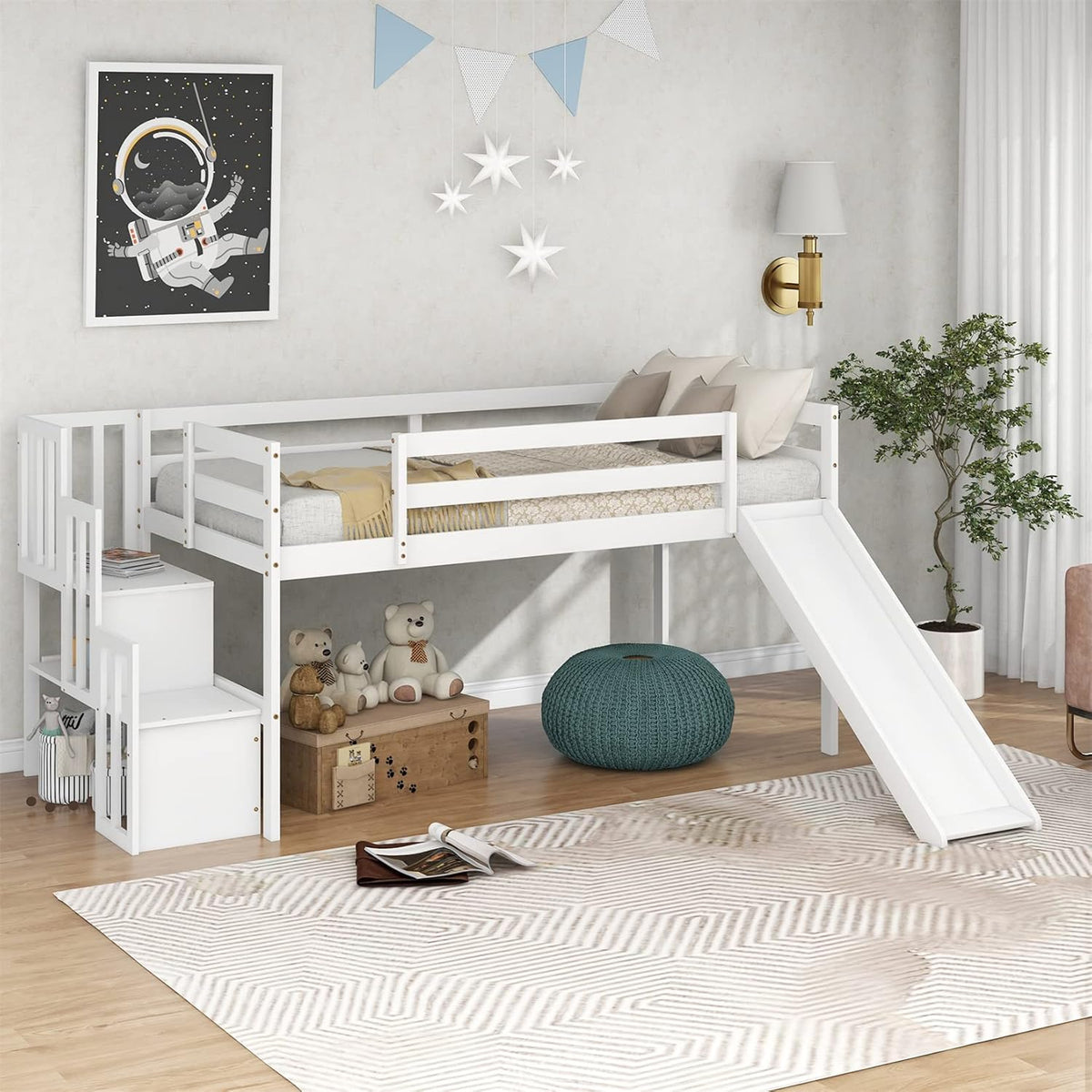Twin Wooden Loft Bed with Slide, Cabinet Drawers and Book Shelves W223