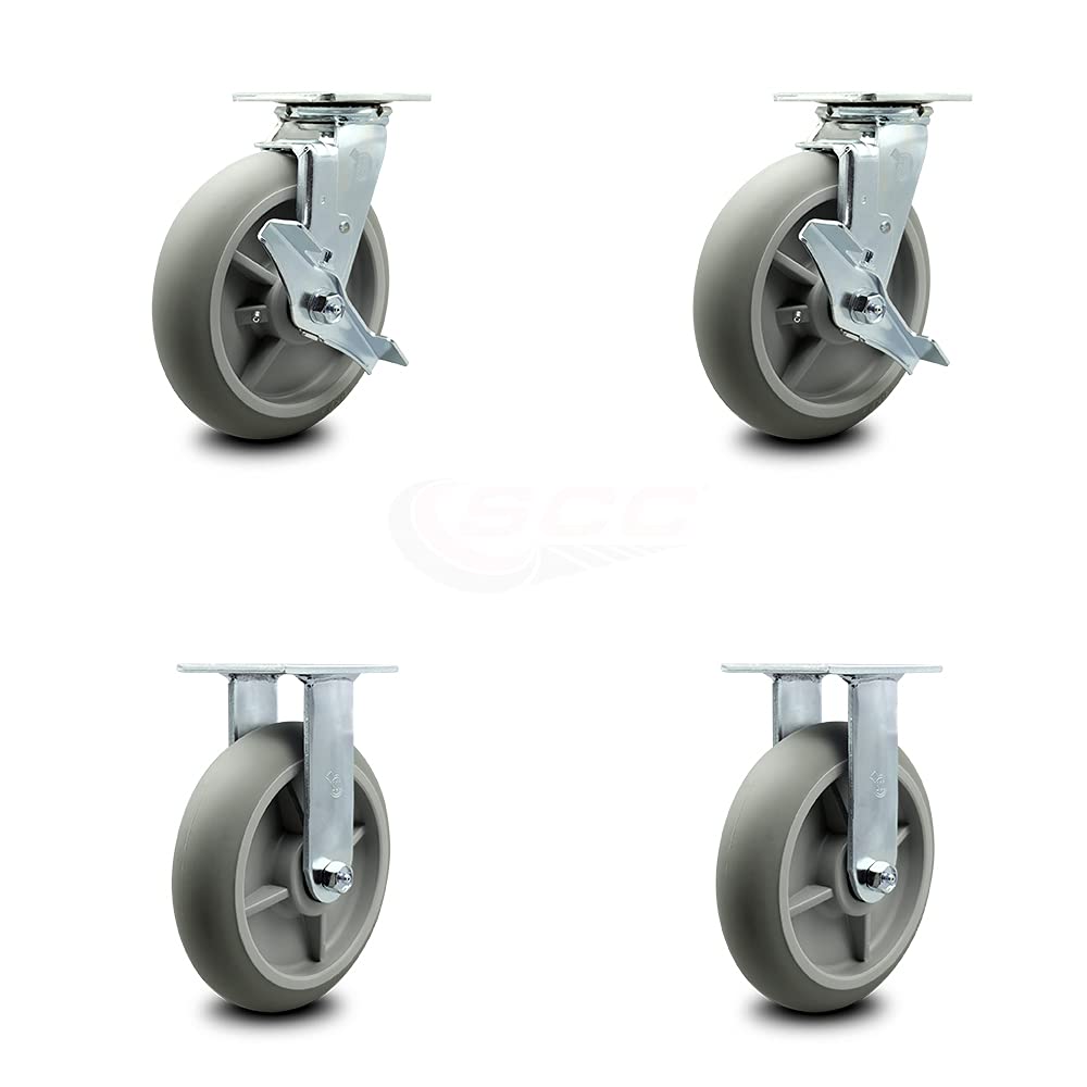 Housekeeping Cart Rigid Caster, 8 Inch Gray Non-Marking Thermoplastic Rubber Wheel, Pack of 2 S4852