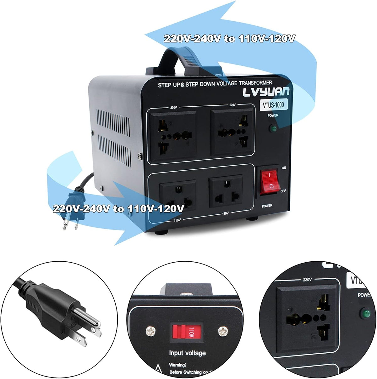 Voltage Transformer Converter 1000 Watt Step Up/Down 110-120 Volt to 220-240 Volt with 2 US outlets, 2 Universal outlets, Circuit Breaker Pack of 2 Q271645