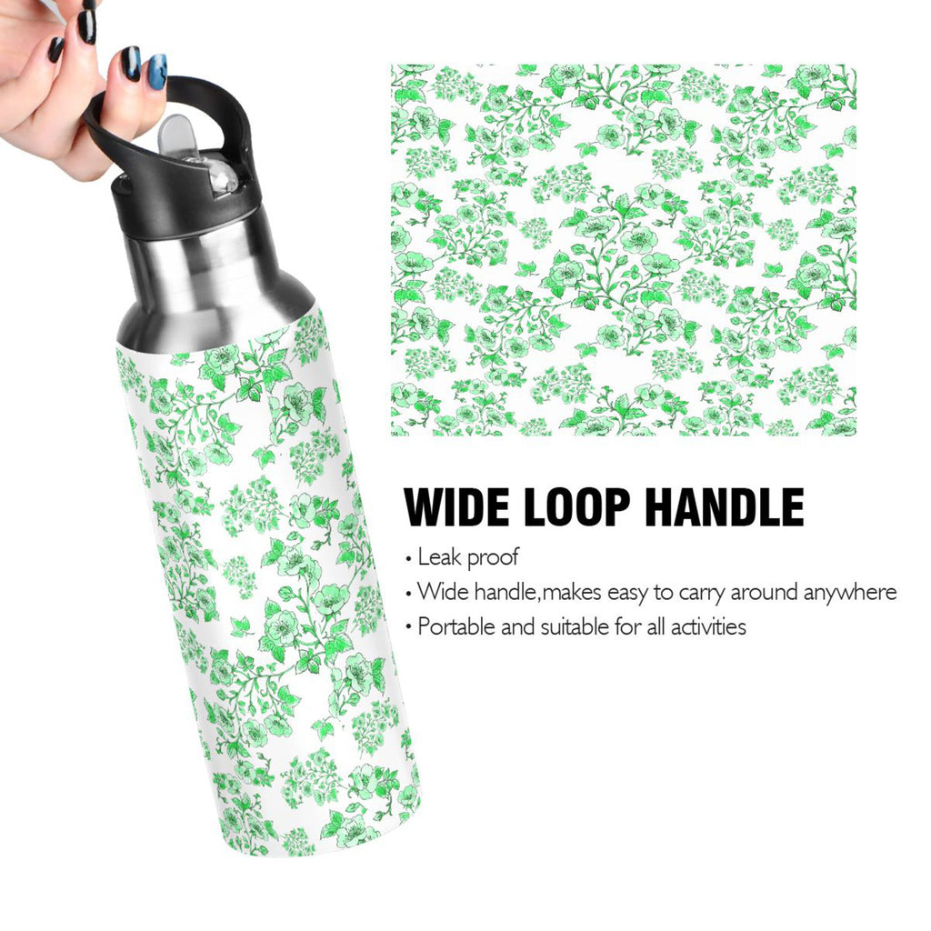 Green Peony Floral Stainless Steel Insulated Water Bottle with Straw Lid P5970