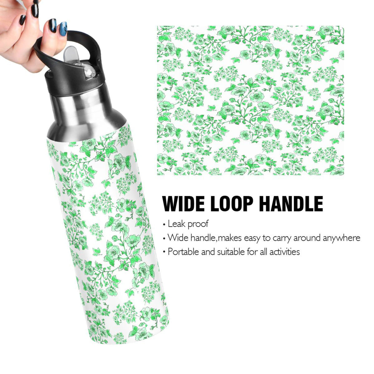 Green Peony Floral Stainless Steel Insulated Water Bottle with Straw Lid P5970