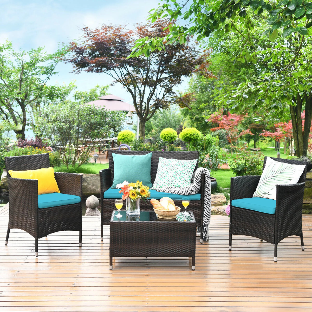 4PCS PE Rattan Wicker Patio Sofa Furniture Set With Cushion T2579