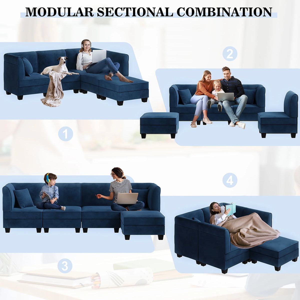 Velvet L-Shaped Sectional Sofa with Reversible Chaise E259552