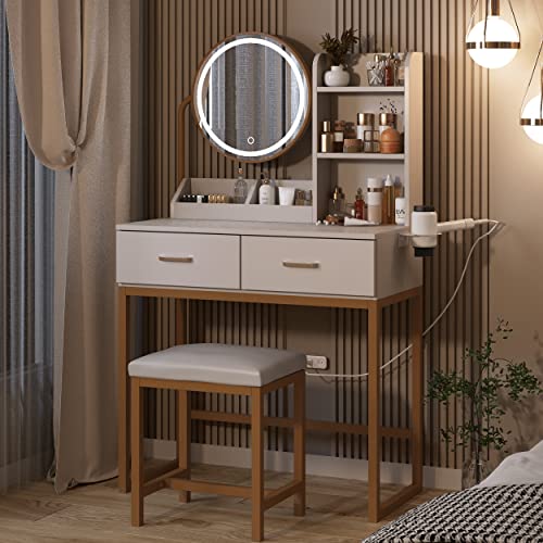 Brown Makeup Vanity Desk with Round Mirror and Lights, 2 Drawers M131330