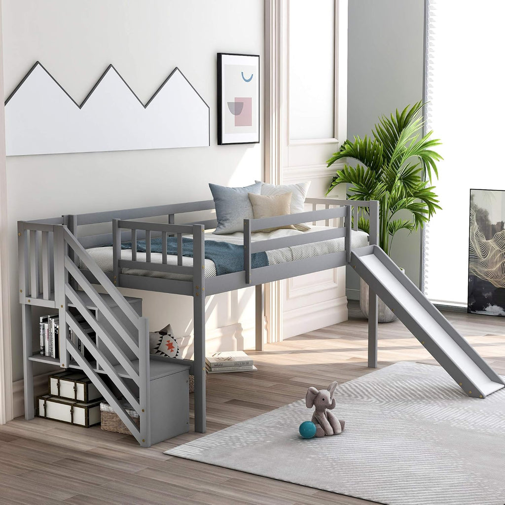 Twin Wooden Loft Bed with Slide, Cabinet Drawers and Book Shelves W223