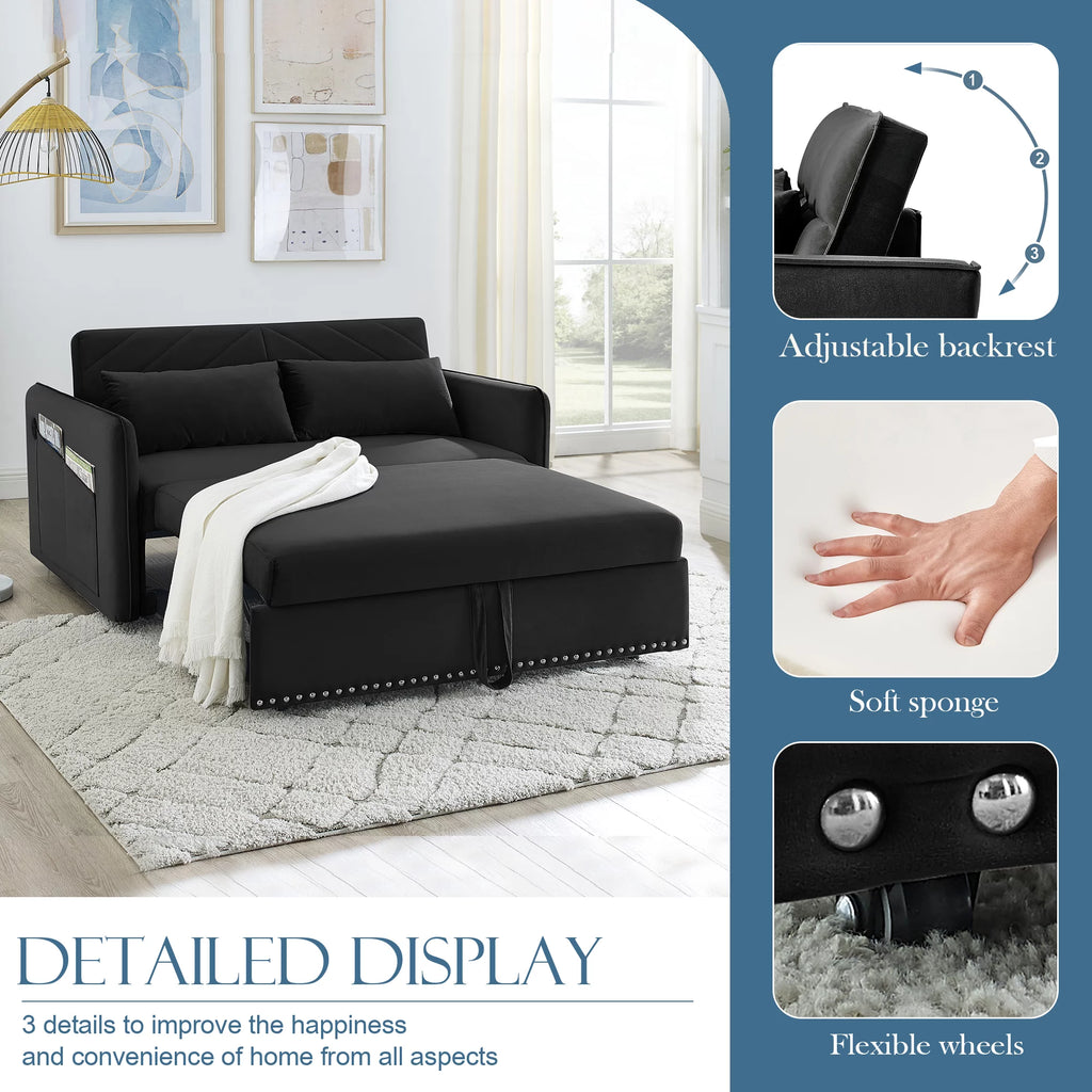55" Black Velvet Convertible Sleeper Sofa with USB Ports E139313
