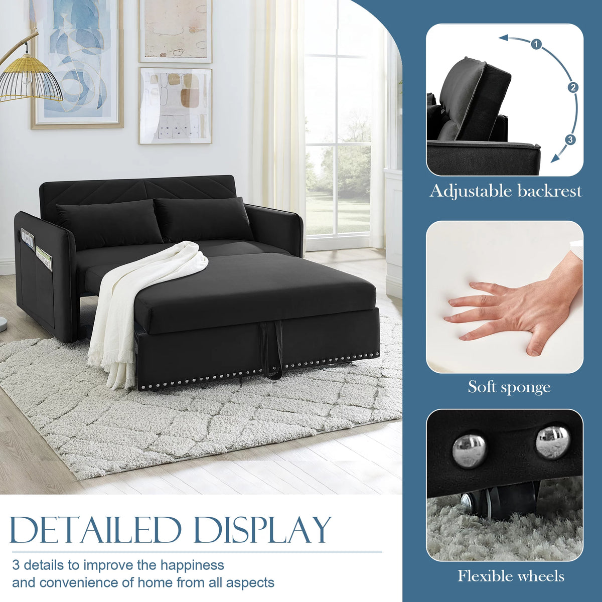 55" Black Velvet Convertible Sleeper Sofa with USB Ports E139313