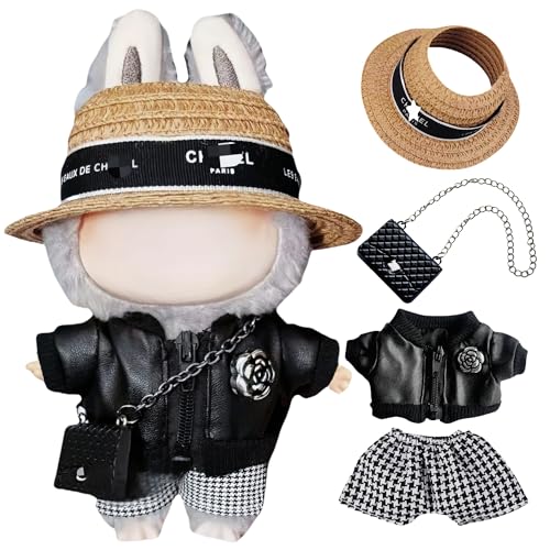 17cm Doll 4-Piece Straw Hat PU Leather Jacket Houndstooth Shorts Outfit H85622