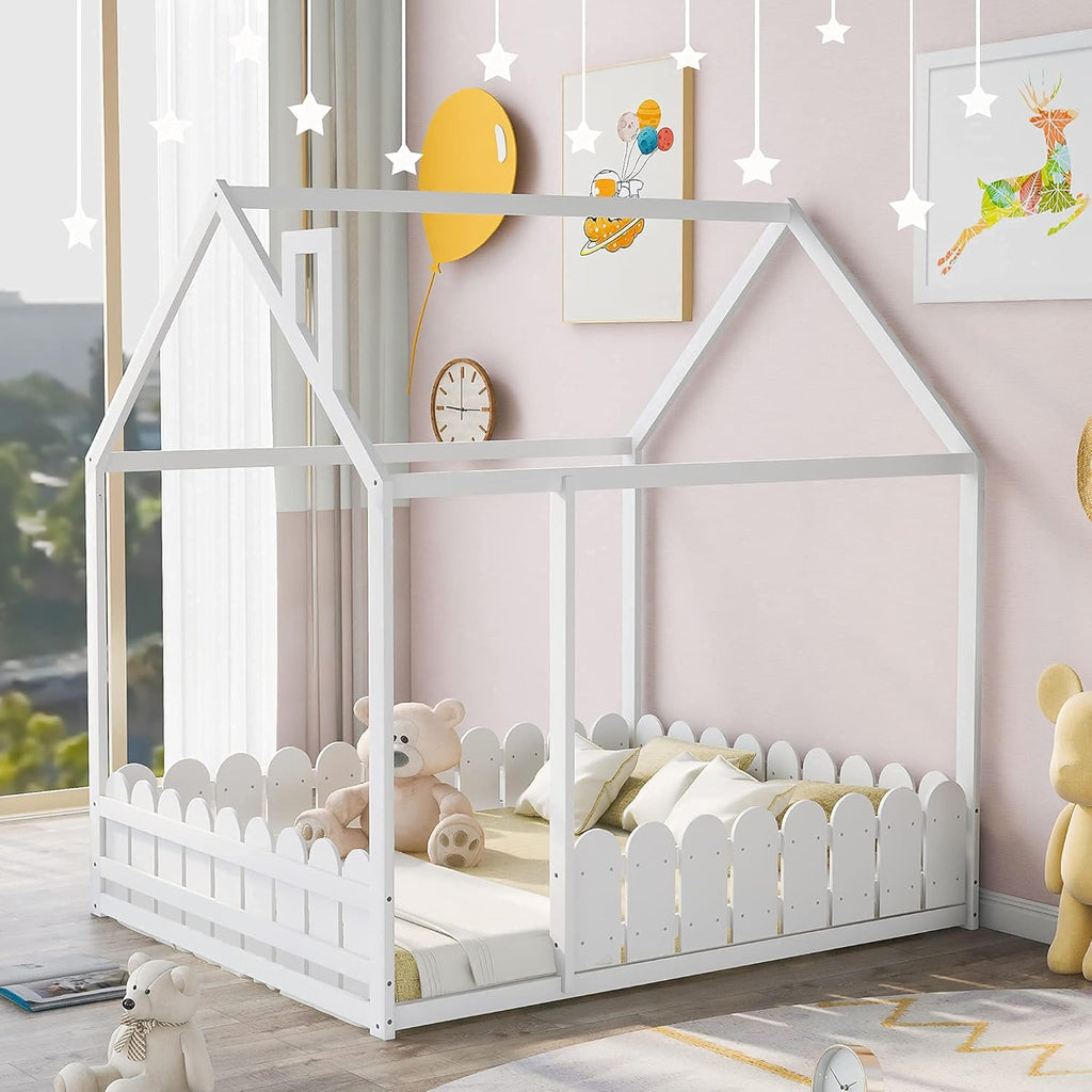 White Full Size Pine Wood Cabin Bed with Guardrails H7551