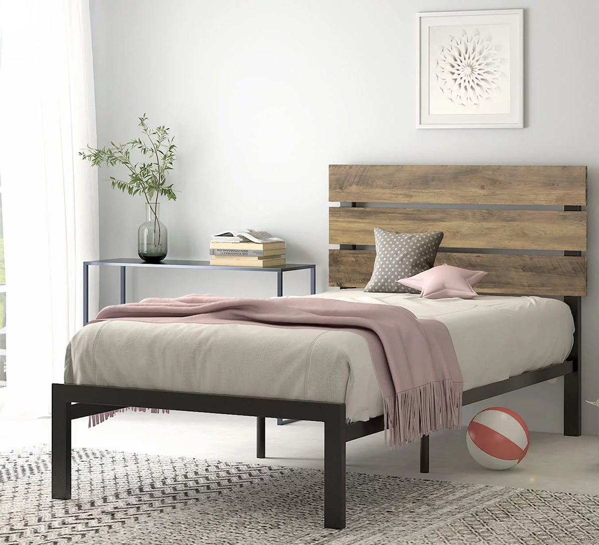 Twin Rustic Style Metal Platform Bed with Headboard and Metal Slats, Brown I118740