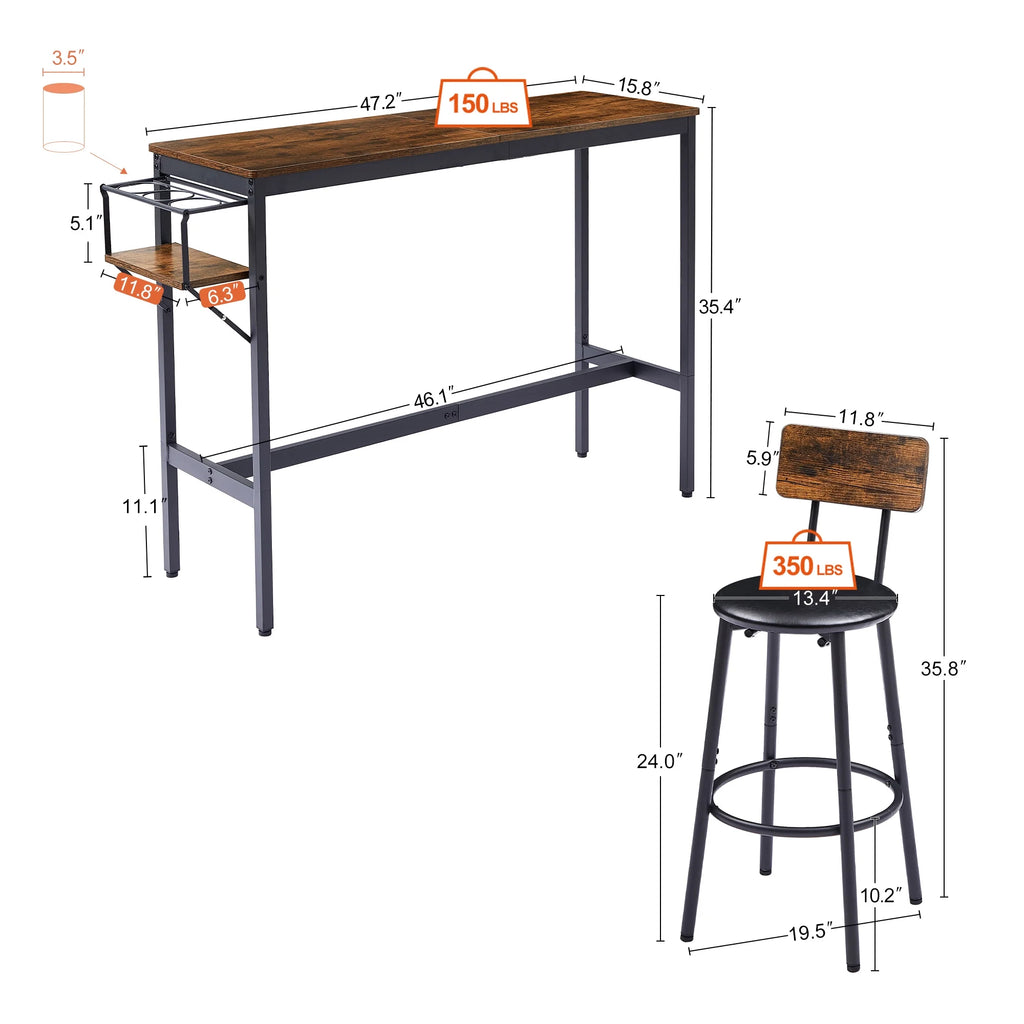 Rustic 3-Piece Dining Table Set with 2 Stools M692