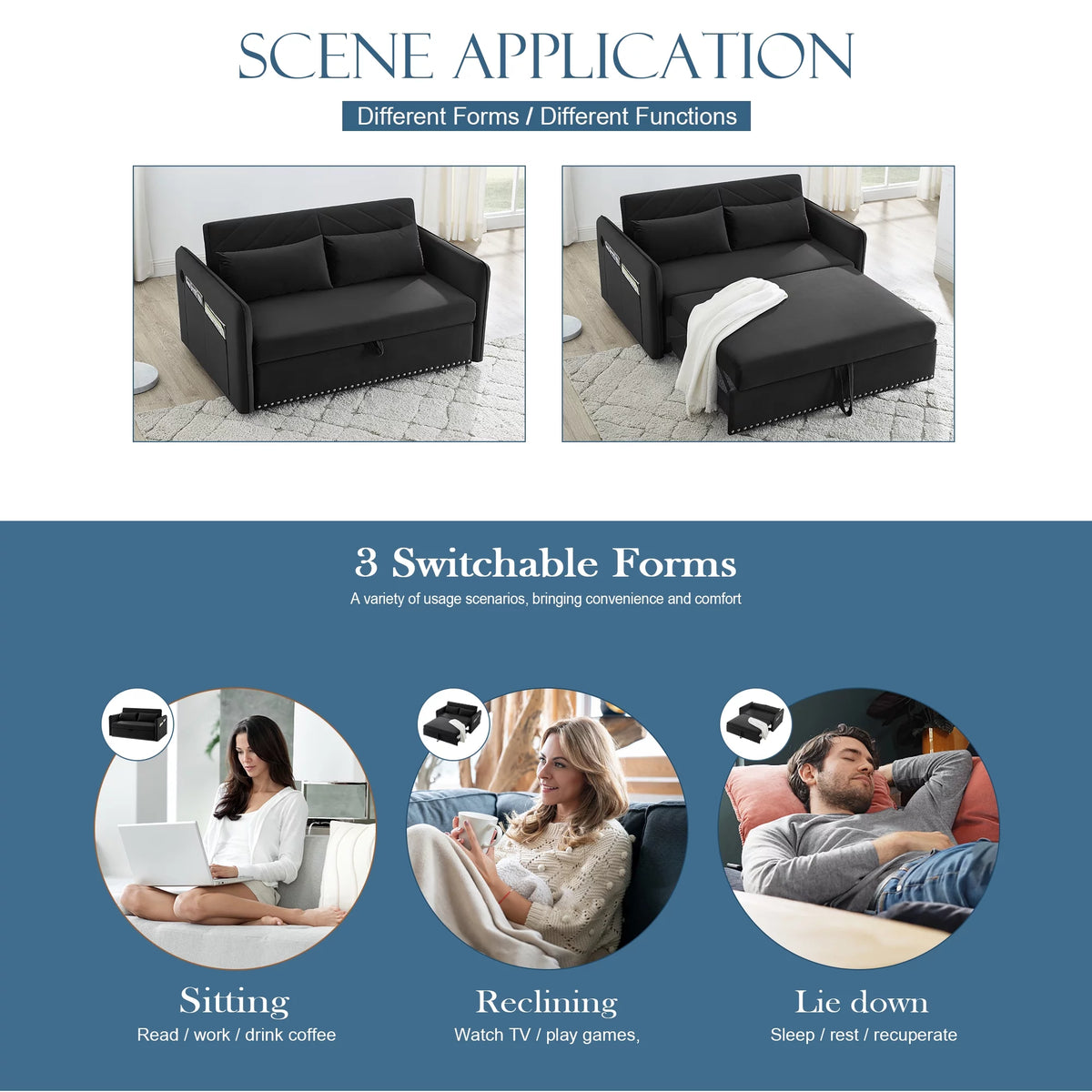 55" Black Velvet Convertible Sleeper Sofa with USB Ports E139313