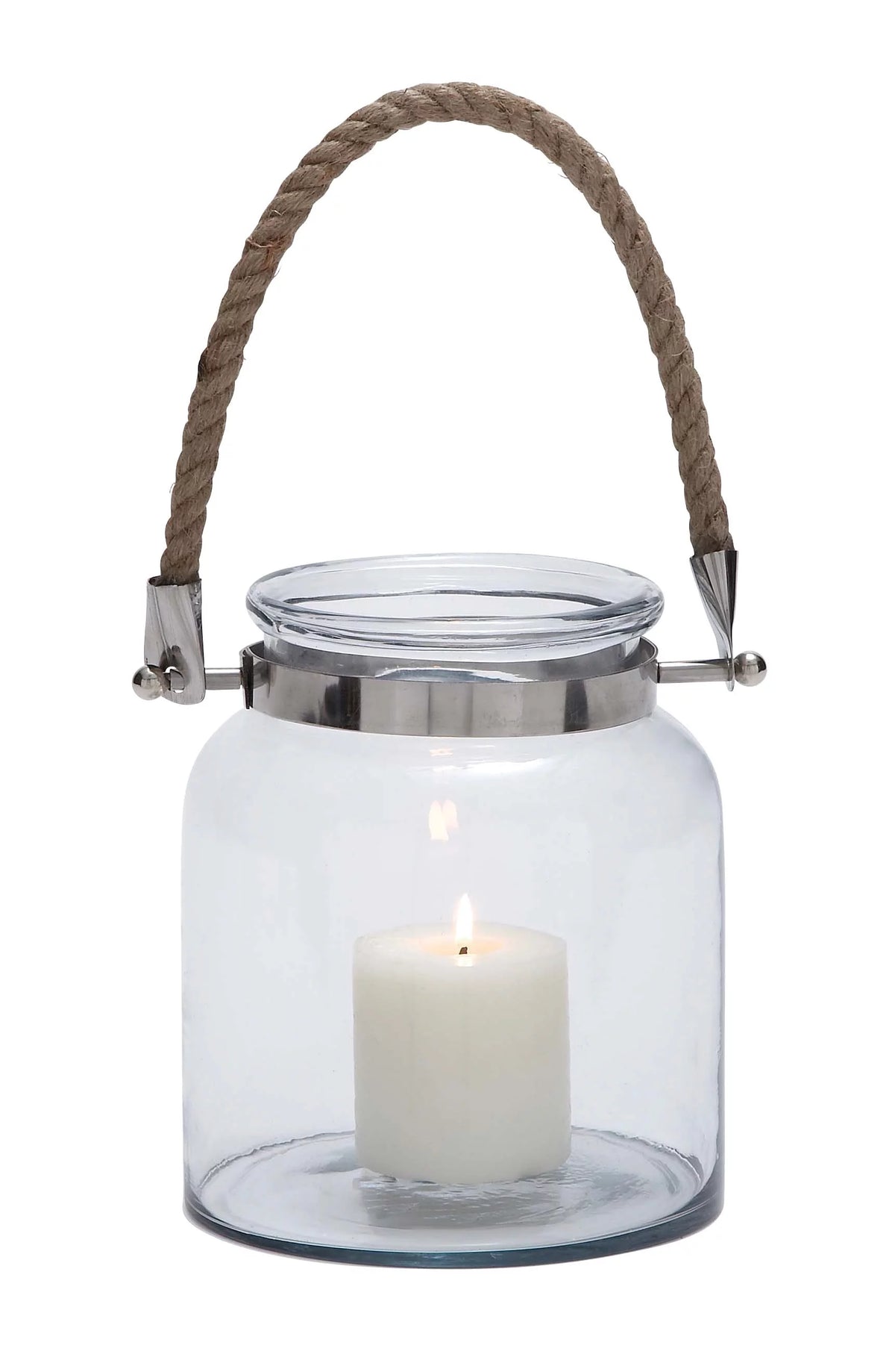 Clear Glass Handmade Decorative Candle Lantern with Rope Handle K542