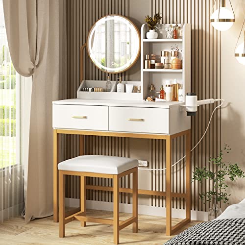 Brown Makeup Vanity Desk with Round Mirror and Lights, 2 Drawers M131330