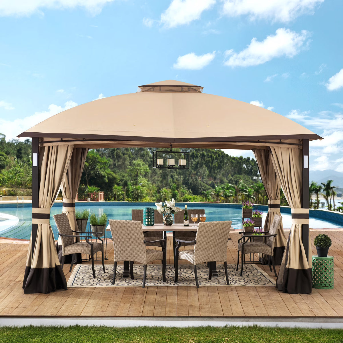 Tan and Brown 10 ft. x 12 ft. Gazebo with LED Lighting and Bluetooth Sound L678