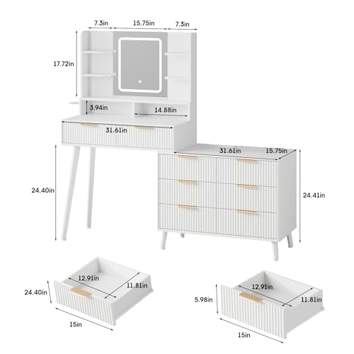 White L Shape Vanity Desk with Mirror and Lights, 8 Drawers & Shelves R471491