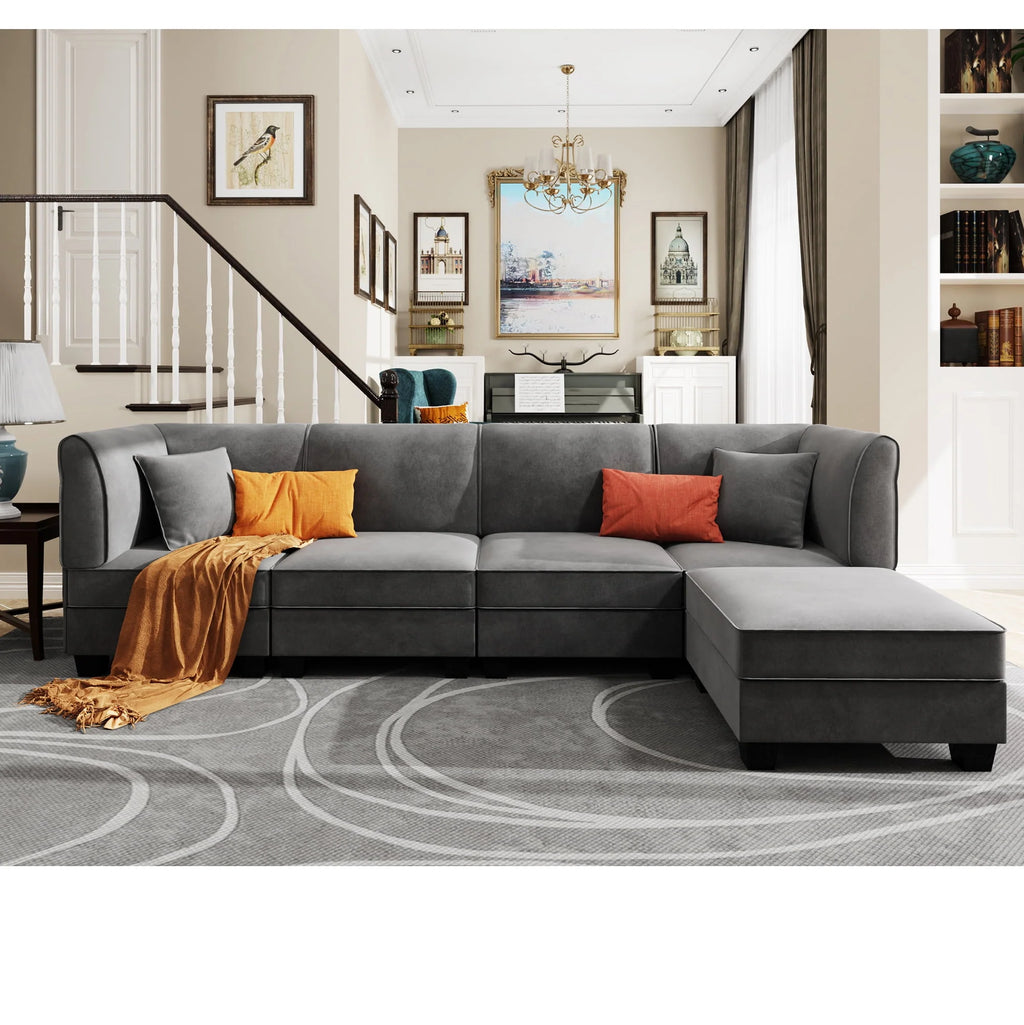 Velvet L-Shaped Sectional Sofa with Reversible Chaise E259552