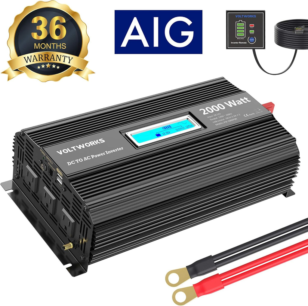 1100 Watt 12V to 120V Modified Sine Wave Power Inverter with LCD Display Remote Control 2 AC Outlets Dual 2.4A USB Ports M86368