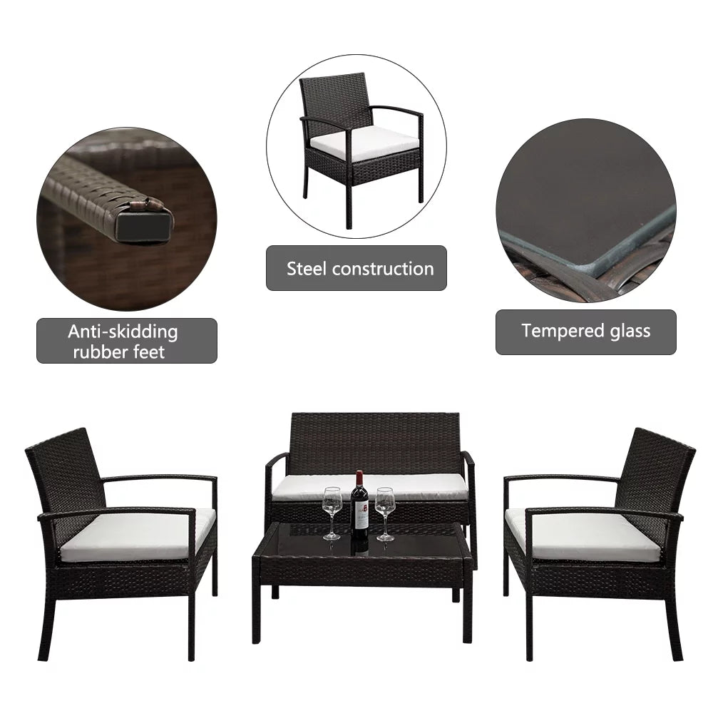 4-Piece PE Wicker Patio Conversation Set with Cushions A6460