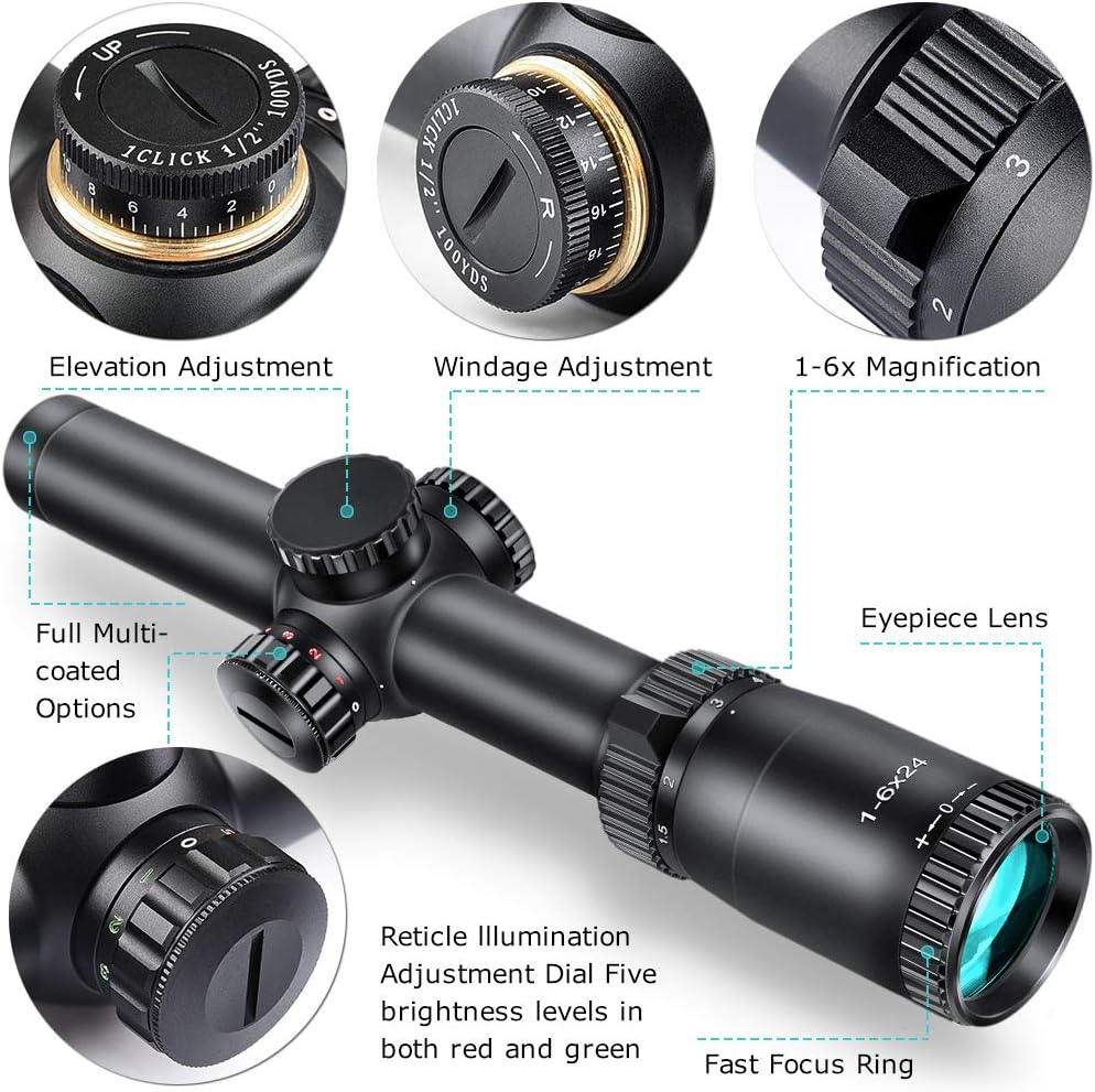 1-6X24 Riflescope Waterproof Red Green Illuminated Crosshair Scope Q879352