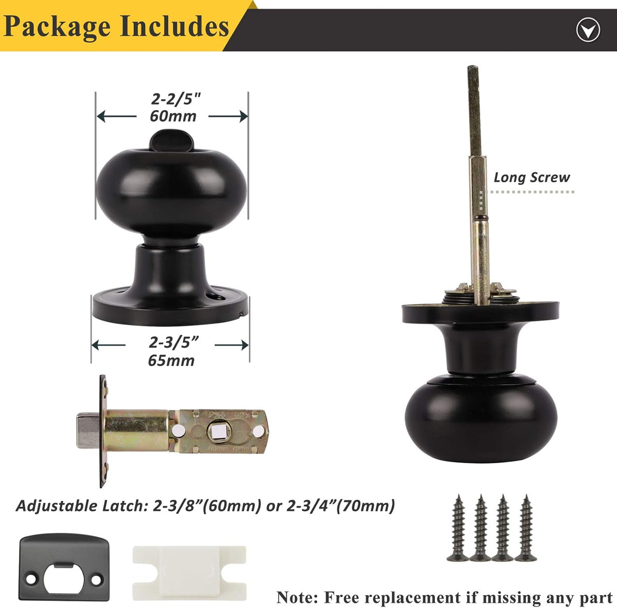 6 Pack Black Oval Privacy Door Knobs D54396
