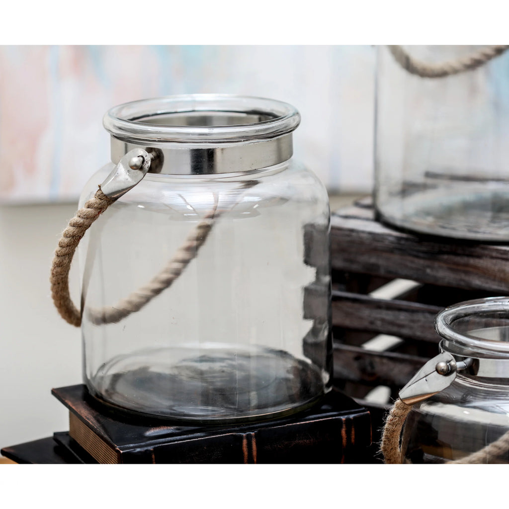 Clear Glass Handmade Decorative Candle Lantern with Rope Handle K542