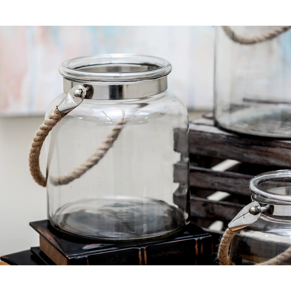 Clear Glass Handmade Decorative Candle Lantern with Rope Handle K542