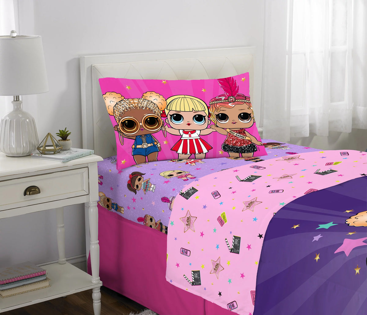 Kids Twin Bed in a Bag, Comforter and Sheets, Purple and Pink A53177