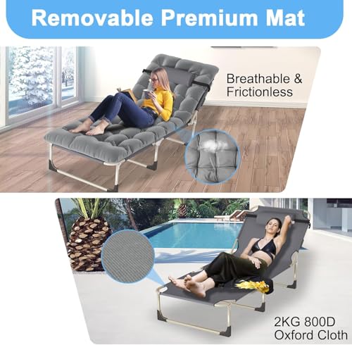 Portable Folding Camping Cot, Oversize Adjustable 5-Position Reclining Lounge Chairs with Pillow, Heavy Duty Oxford Cloth 600D with Mattress Gray G628