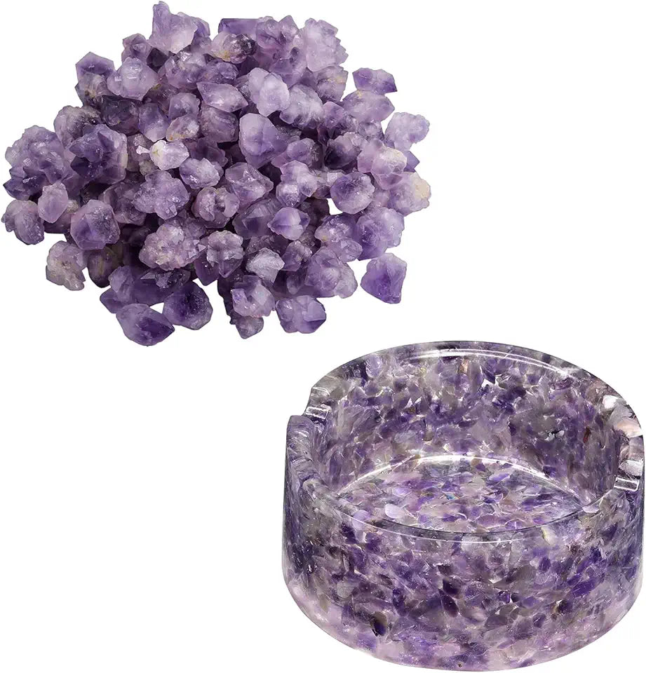 Pack of 2 Natural Irregular Amethyst Rough Stone & Orgone Amethyst Crystal Bowl Decorative Tray Plate Q13437