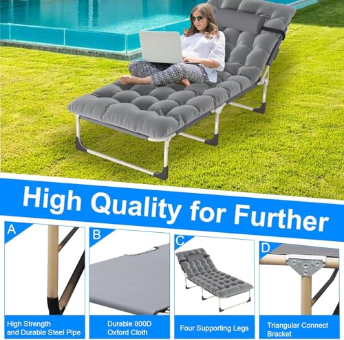 Portable Folding Camping Cot, Oversize Adjustable 5-Position Reclining Lounge Chairs with Pillow, Heavy Duty Oxford Cloth 600D with Mattress Gray G628