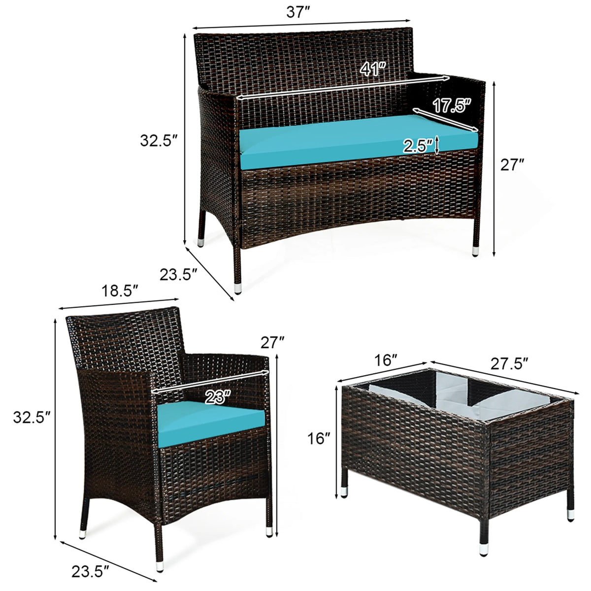 4PCS PE Rattan Wicker Patio Sofa Furniture Set With Cushion T2579