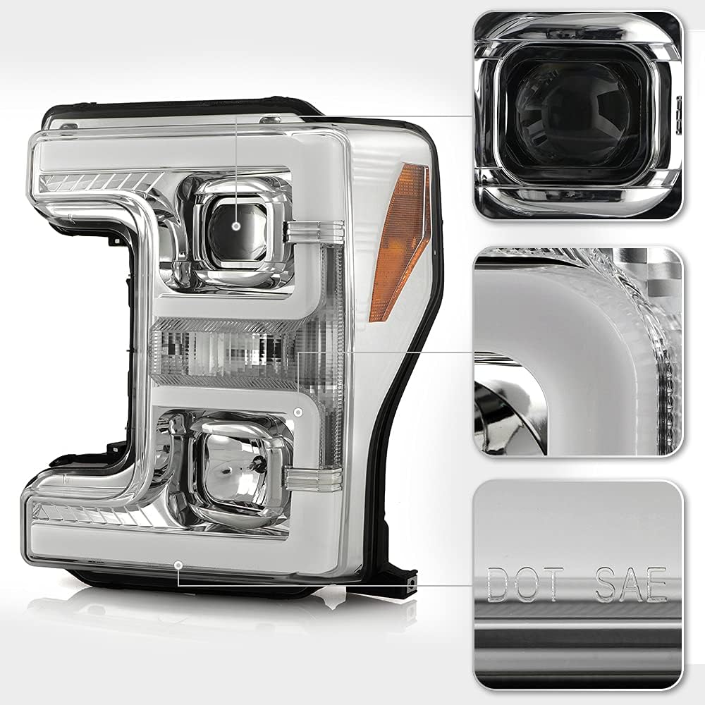 Chrome Dual LED Tube Projector Headlights Set Left+Right F303