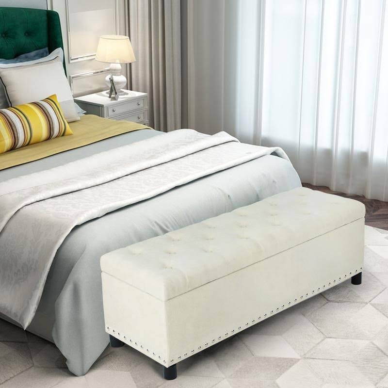 Beige Linen Storage Ottoman Bench with Nailhead Trim C182