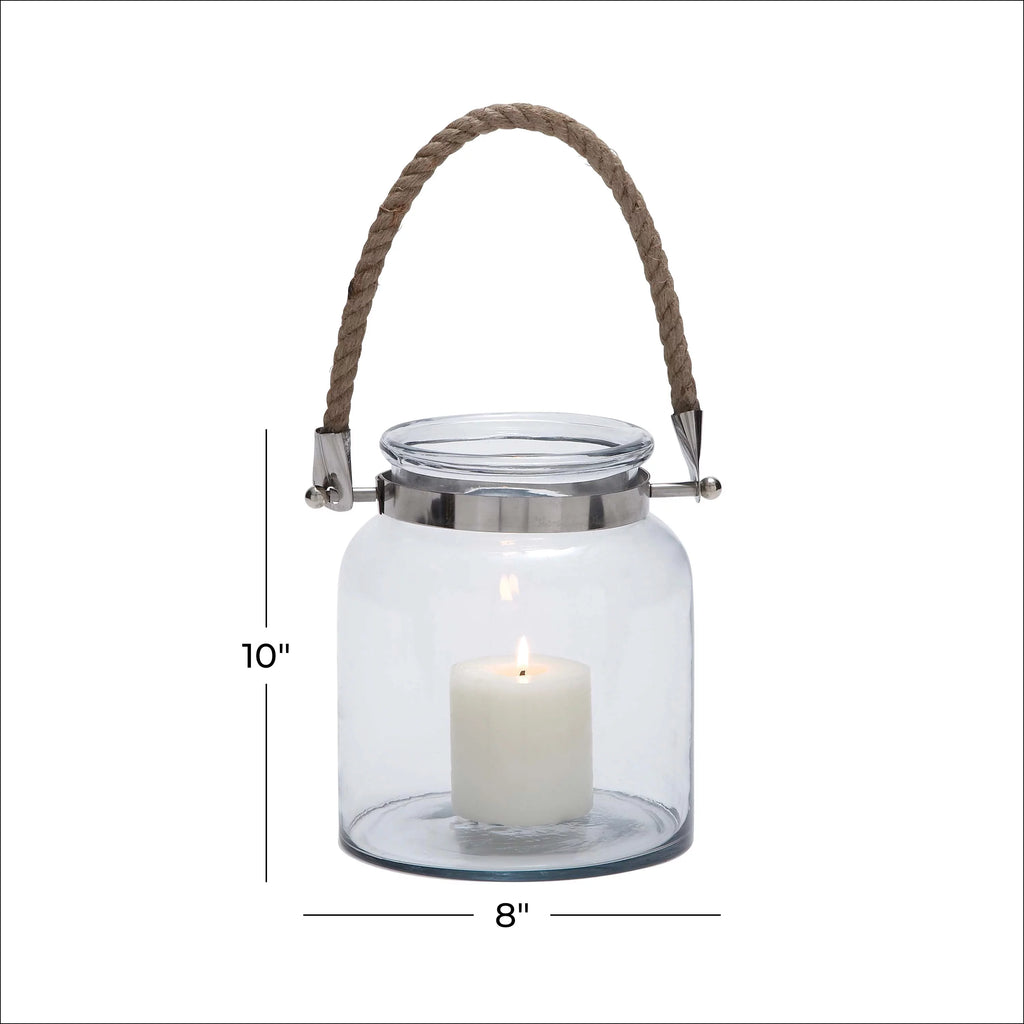 Clear Glass Handmade Decorative Candle Lantern with Rope Handle K542