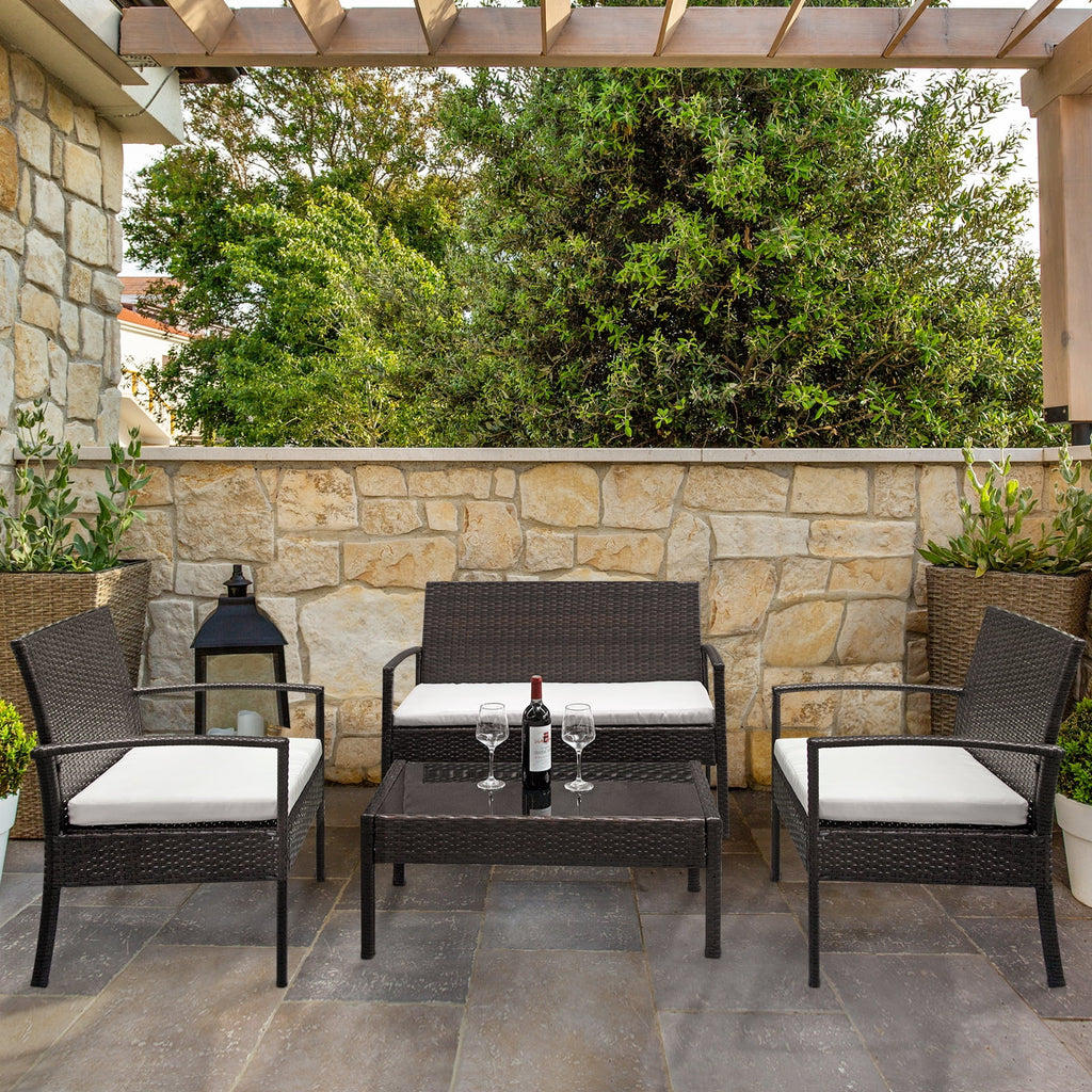 4-Piece PE Wicker Patio Conversation Set with Cushions A6460