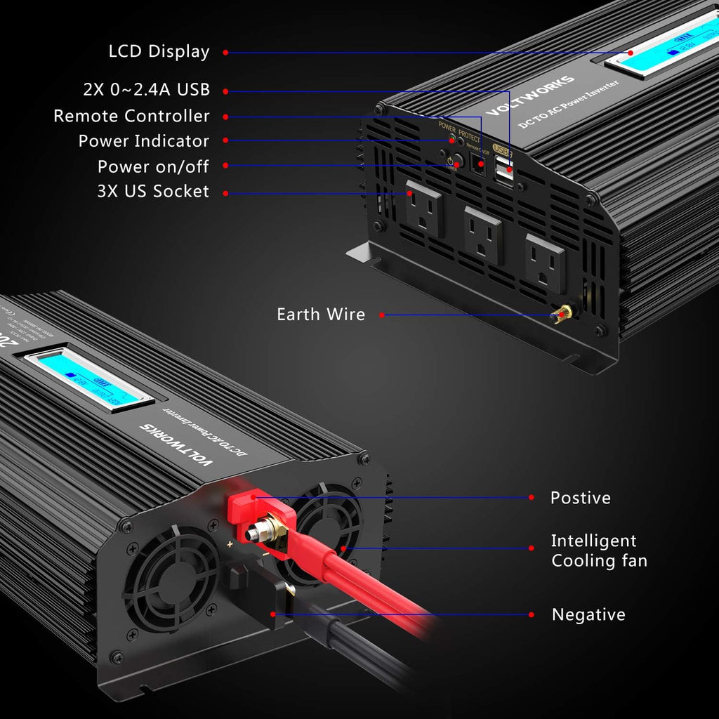 1100 Watt 12V to 120V Modified Sine Wave Power Inverter with LCD Display Remote Control 2 AC Outlets Dual 2.4A USB Ports M86368